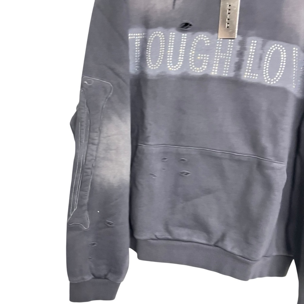 New Mens 01-01 Premium Oversized Boxy Rhinestone Washed Distressed Hoodie - Picture 3 of 7